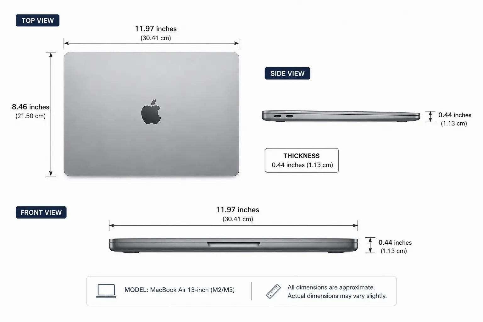 13-inch MacBook Air showing 11.97-inch width, 8.46-inch depth, and 0.44-inch thickness 13-inch MacBook Air showing 11.97-inch width, 8.46-inch depth, and 0.44-inch thickness