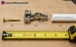 DIY hardware measuring 3 inches: wood screw, cabinet hinge, and PVC pipe DIY hardware measuring 3 inches: wood screw, cabinet hinge, and PVC pipe