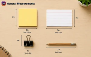 Office supplies that are 3 inches: Post-it note, index card, binder clip, and golf pencil Office supplies that are 3 inches: Post-it note, index card, binder clip, and golf pencil