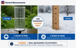 Comparison of 3 inches of rainfall versus 3 inches of snowfall and their real-world impact Comparison of 3 inches of rainfall versus 3 inches of snowfall and their real-world impact