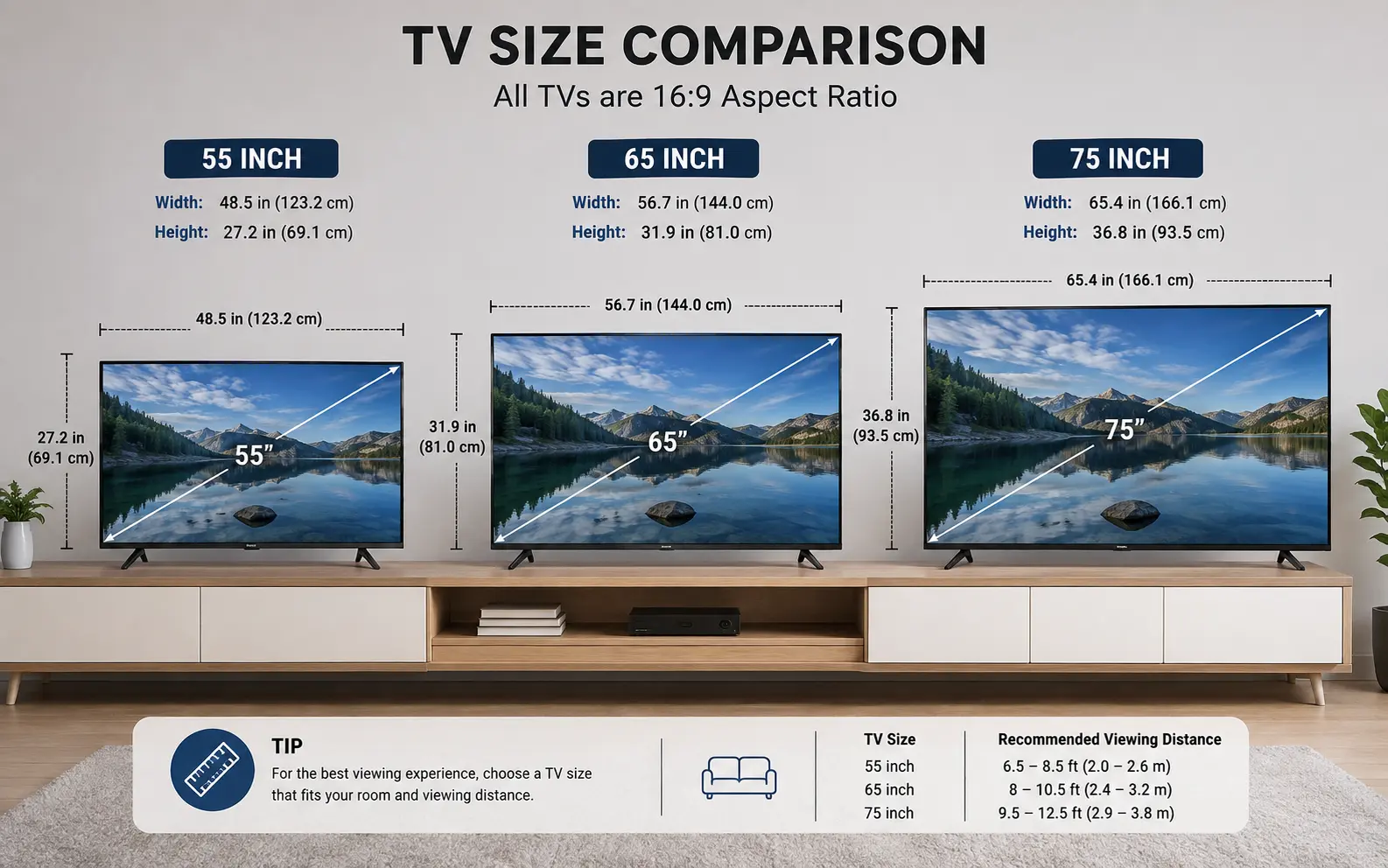 comparison of 55-inch 65-inch and 75-inch TV sizes