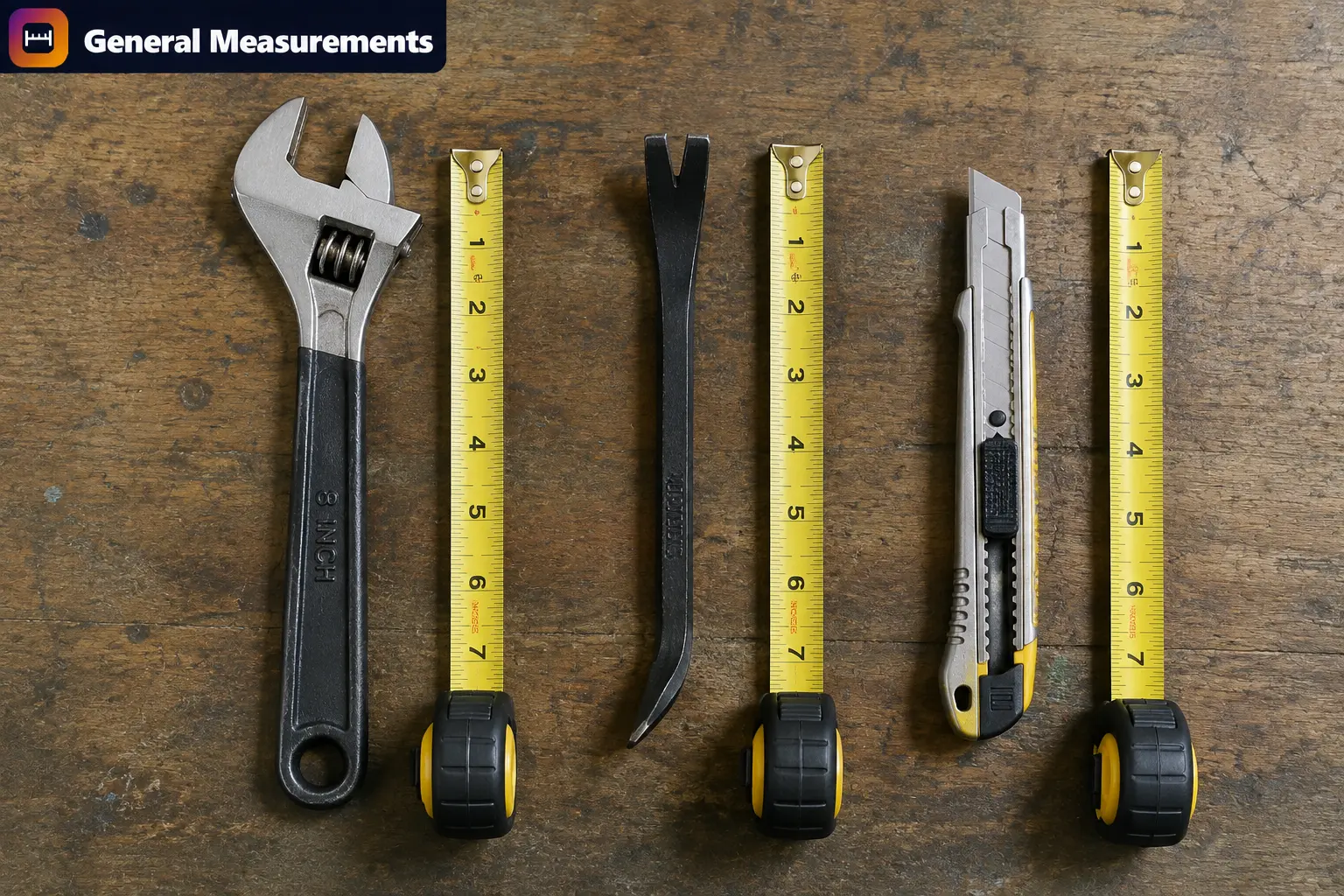 Hardware tools measuring 7 inches: adjustable wrench, mini pry bar, and utility knife Hardware tools measuring 7 inches: adjustable wrench, mini pry bar, and utility knife