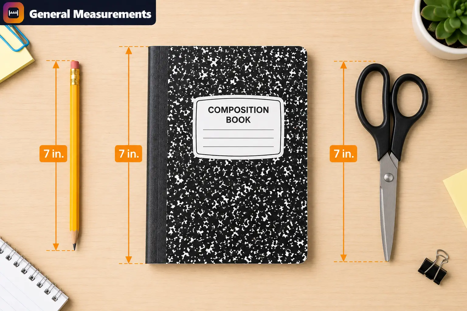 Office supplies that are close to 7 inches: pencil, composition notebook, and scissors Office supplies that are close to 7 inches: pencil, composition notebook, and scissors