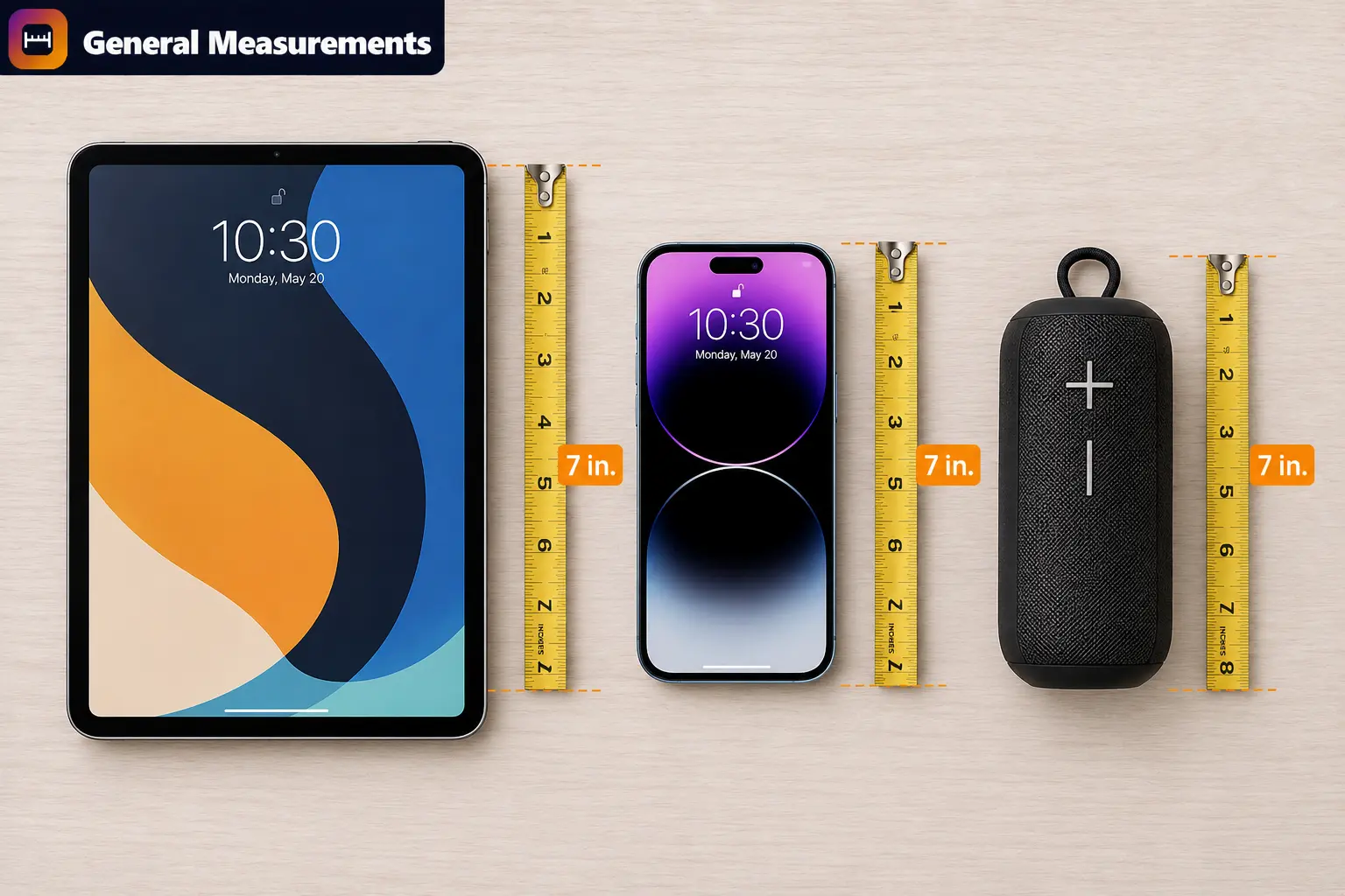 Tech devices close to 7 inches: tablet screen, large smartphone, and Bluetooth speaker Tech devices close to 7 inches: tablet screen, large smartphone, and Bluetooth speaker