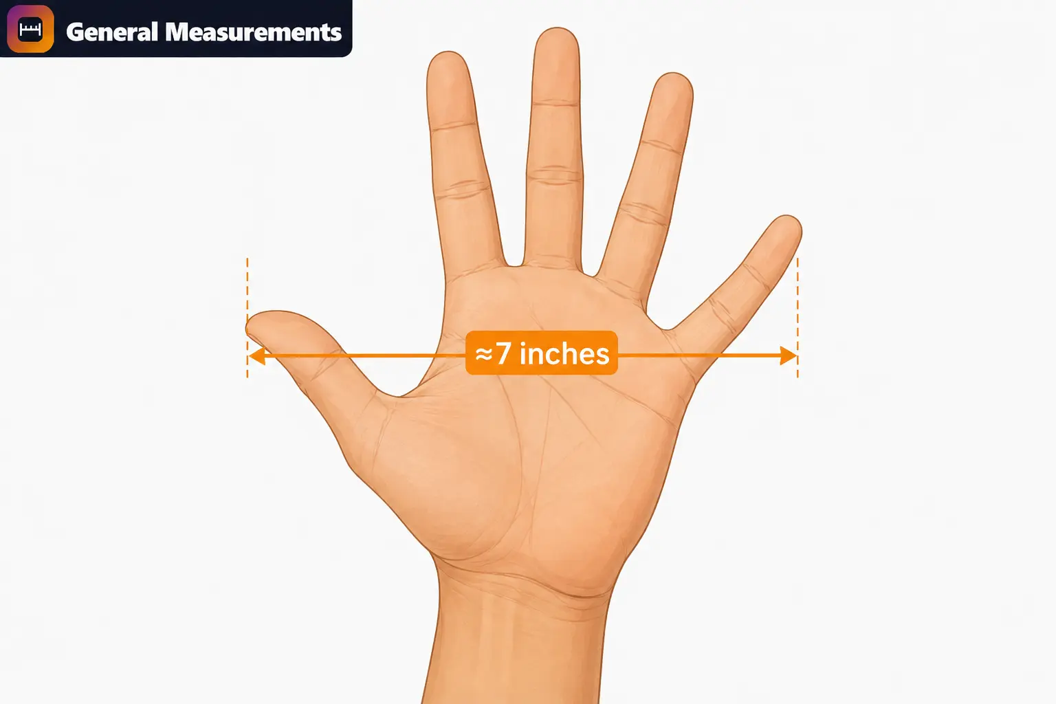 Adult hand stretched from thumb to pinky compared to a 7 inch measurement Adult hand stretched from thumb to pinky compared to a 7 inch measurement