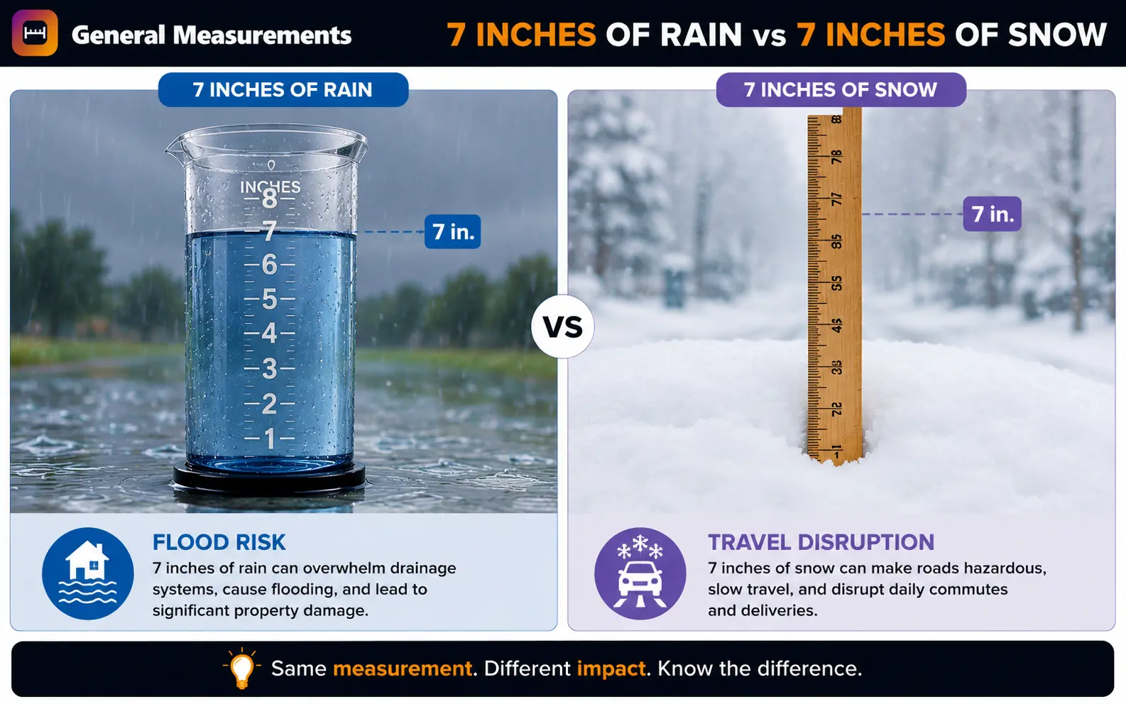 Comparison of 7 inches of rainfall versus 7 inches of snowfall and their real-world impact Comparison of 7 inches of rainfall versus 7 inches of snowfall and their real-world impact