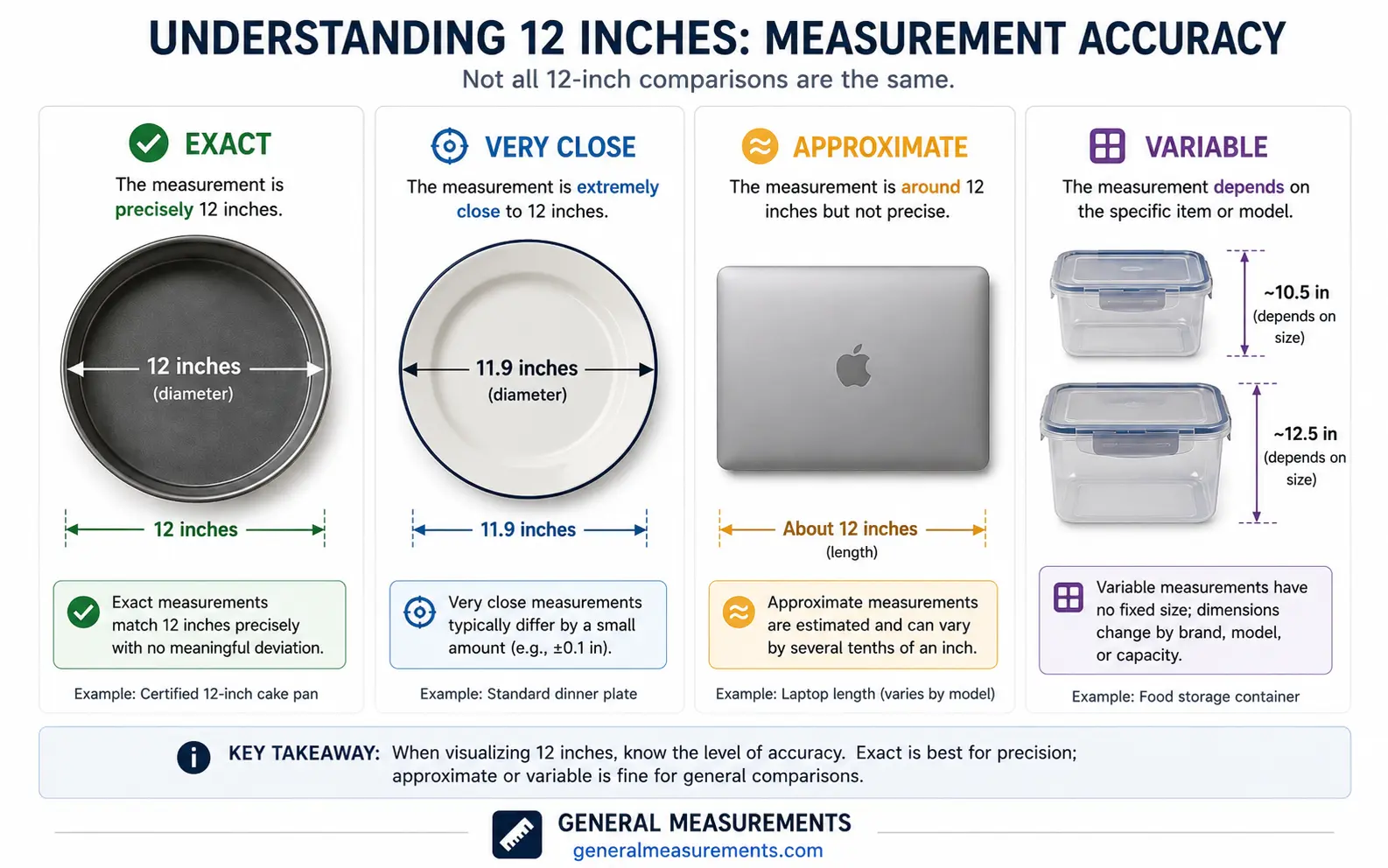 Infographic explaining the difference between exact, nominal, approximate, and variable 12-inch measurements