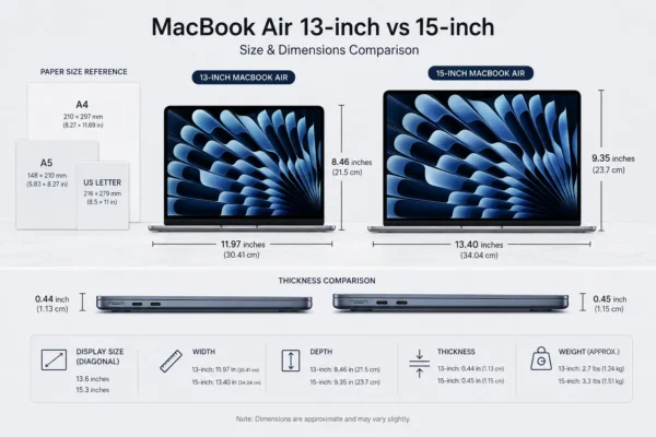 13-inch and 15-inch MacBook Air dimensions compared with everyday paper sizes