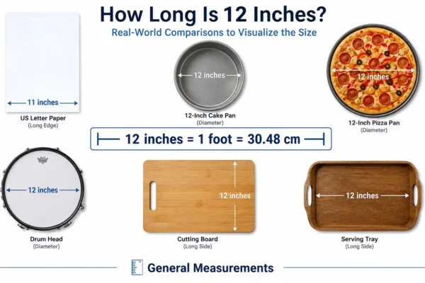 12-inch measurement compared with familiar real-world objects to show the size of one foot
