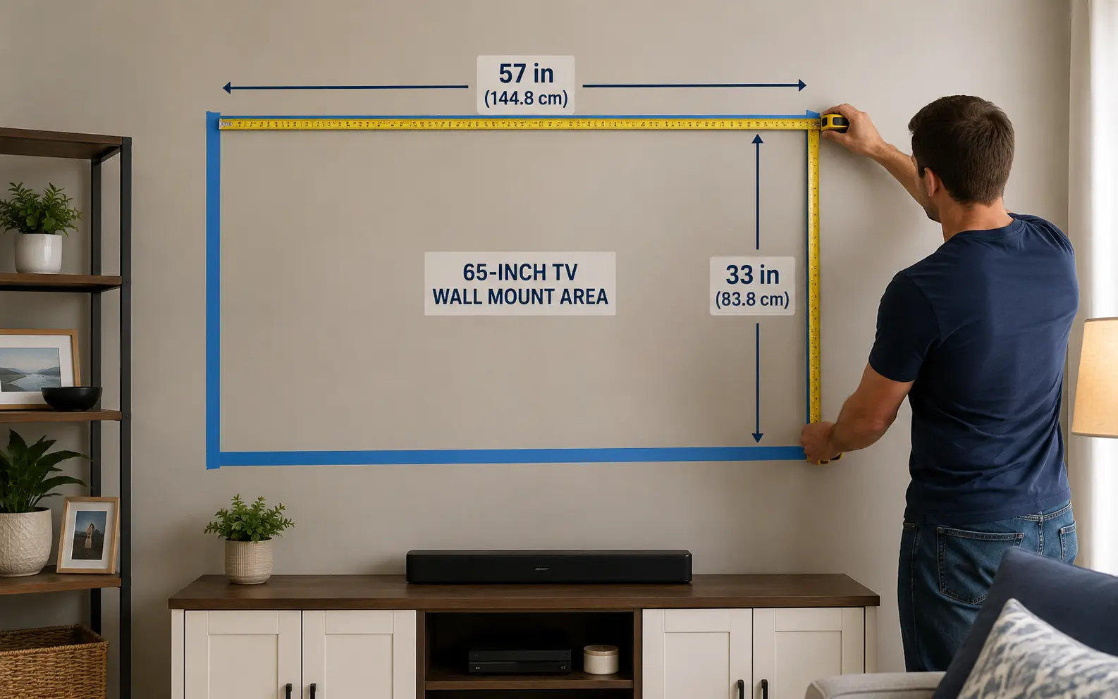 measuring wall space for a 65-inch TV before mounting