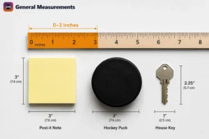 3 inches measured on a ruler next to everyday objects like a Post-it note and hockey puck 3 inches measured on a ruler next to everyday objects like a Post-it note and hockey puck