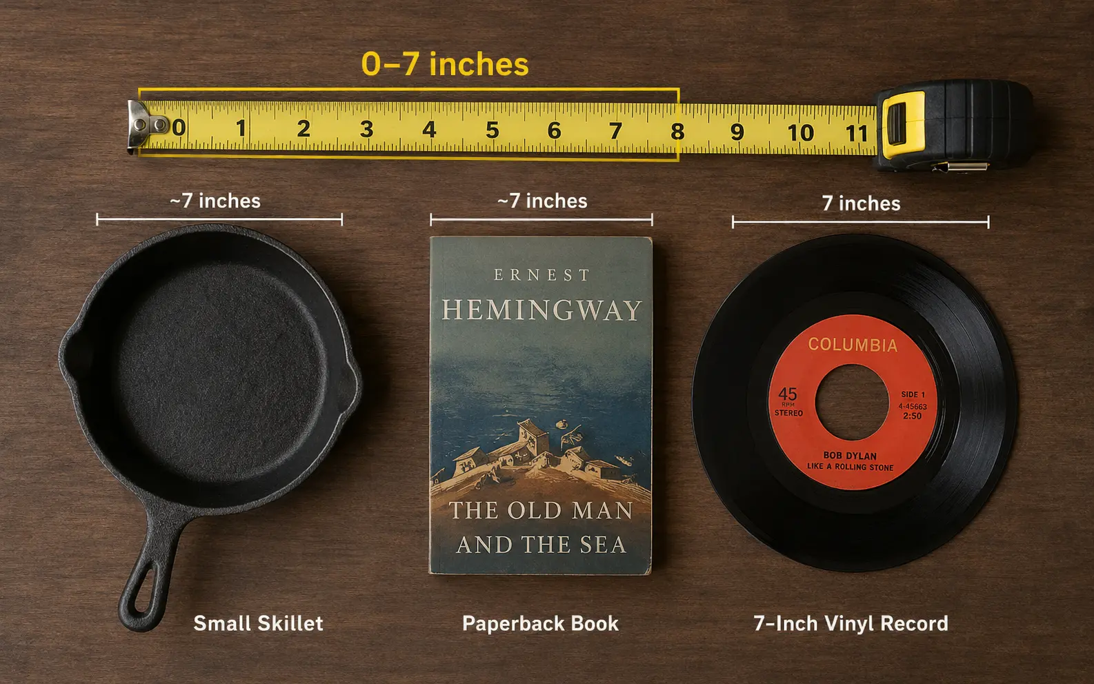 7 inches measured on a tape measure next to a small skillet, paperback book, and vinyl record 7 inches measured on a tape measure next to a small skillet, paperback book, and vinyl record