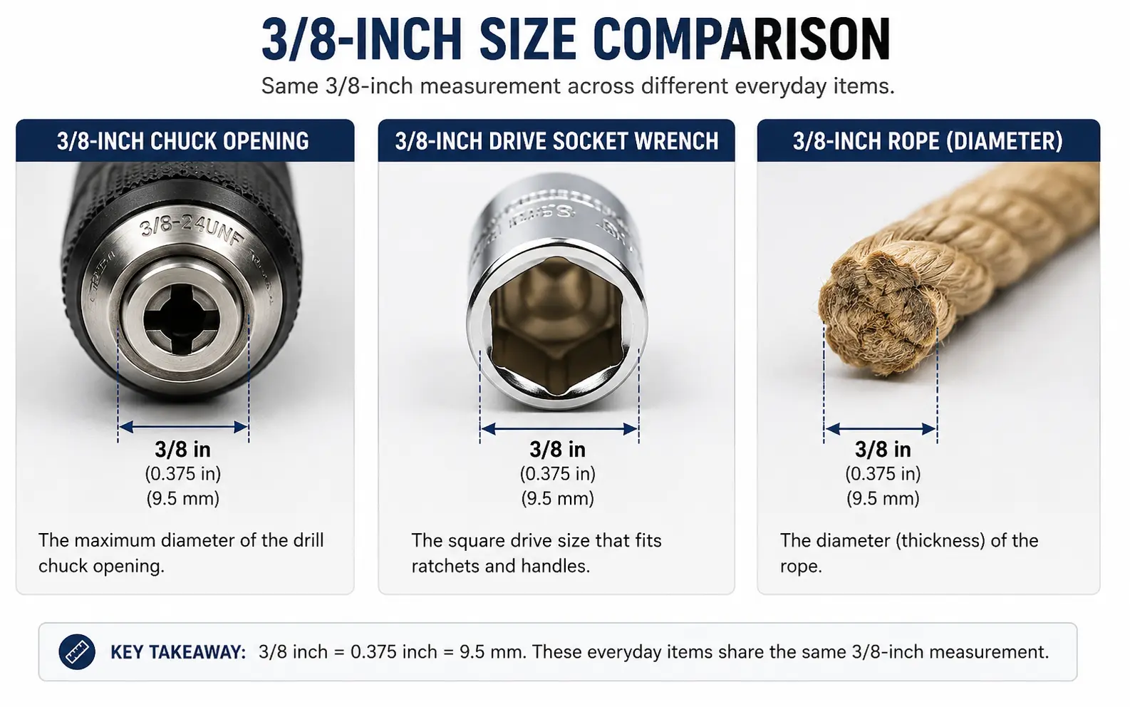 Visual comparison of a 3/8-inch drill chuck size next to a socket wrench and rope of the same width Visual comparison of a 3/8-inch drill chuck size next to a socket wrench and rope of the same width