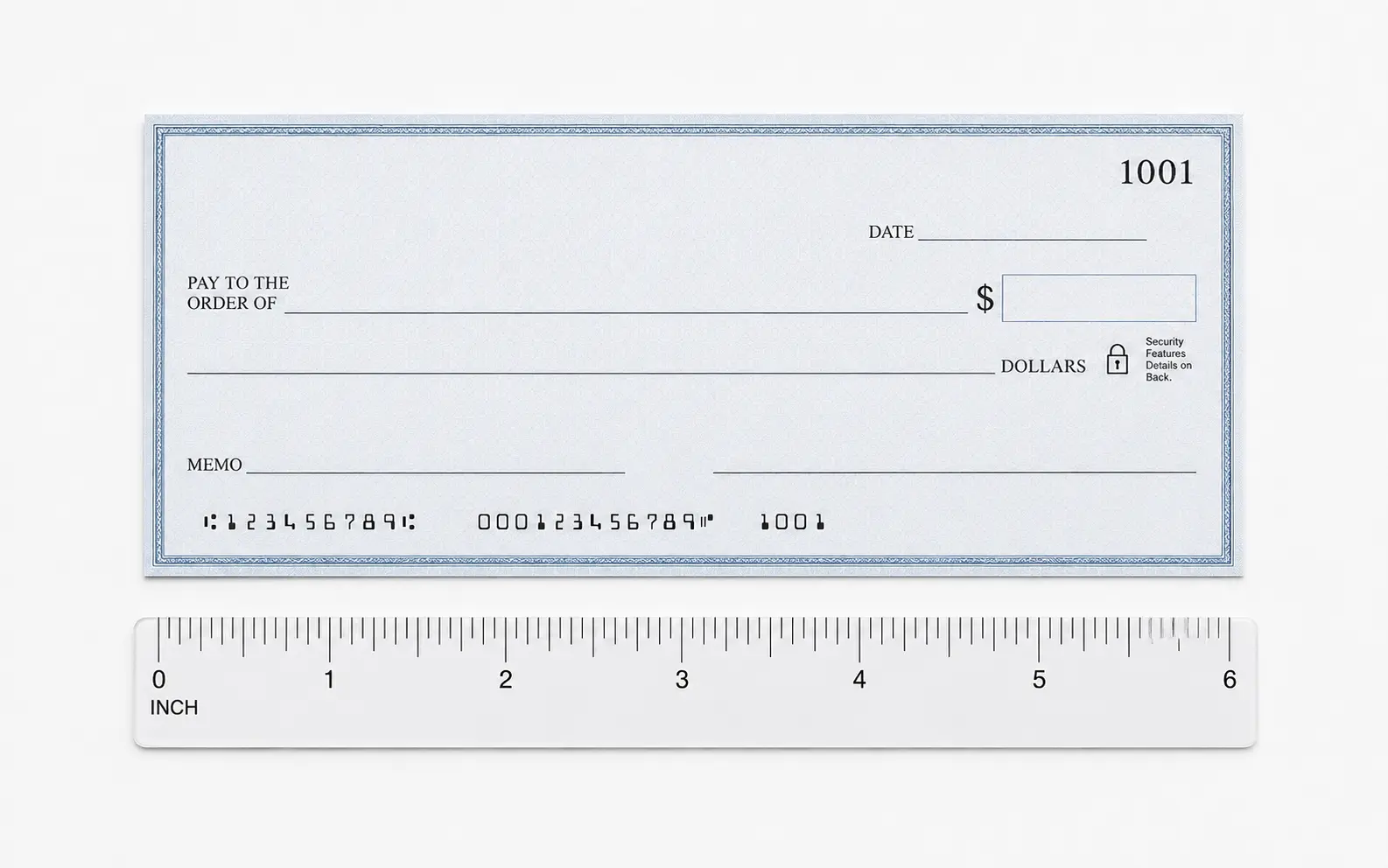 Standard personal bank check, 6 inches wide Standard personal bank check, 6 inches wide