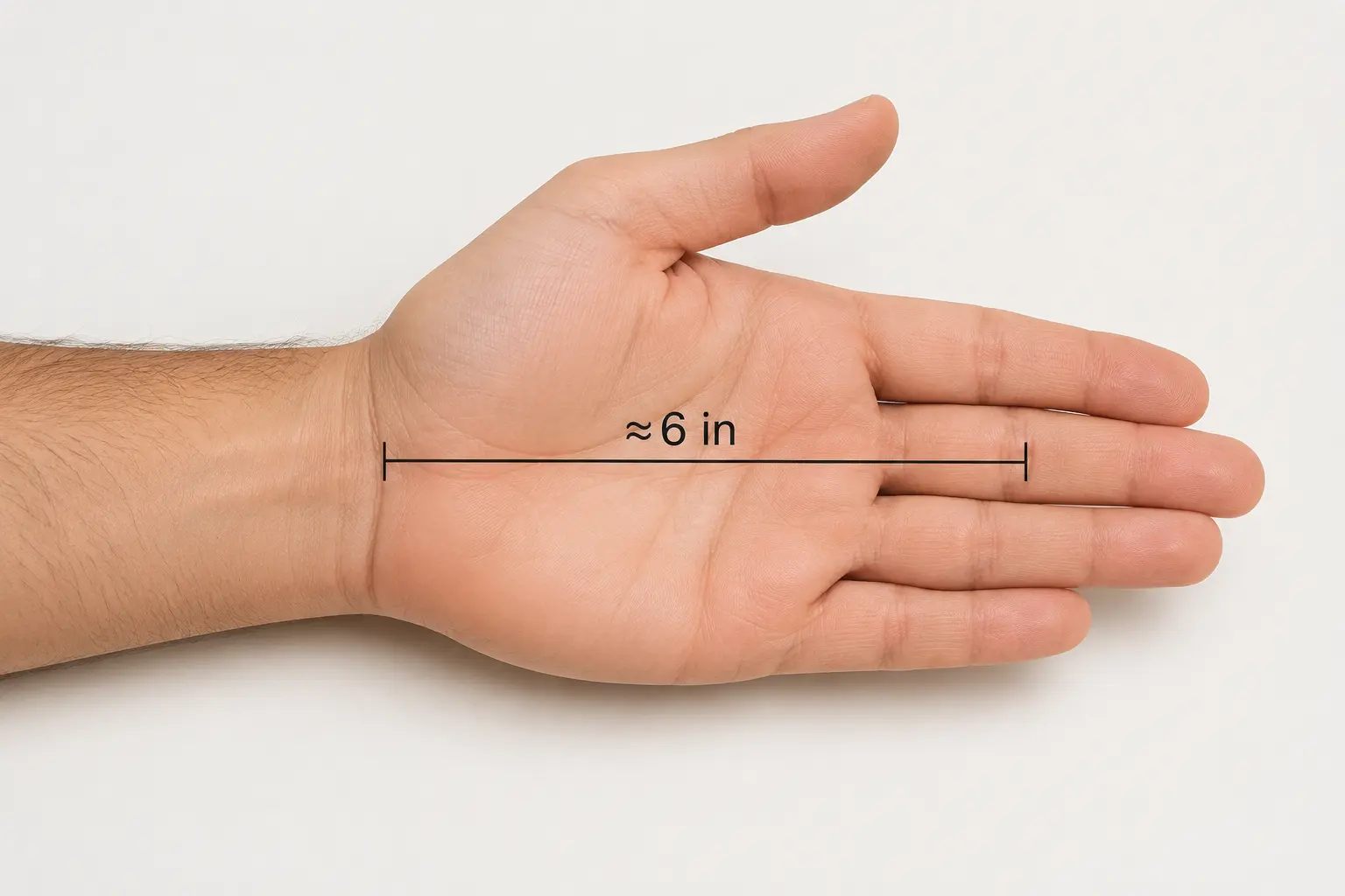 Distance from wrist crease to base of middle finger measuring approximately 6 inches Distance from wrist crease to base of middle finger measuring approximately 6 inches