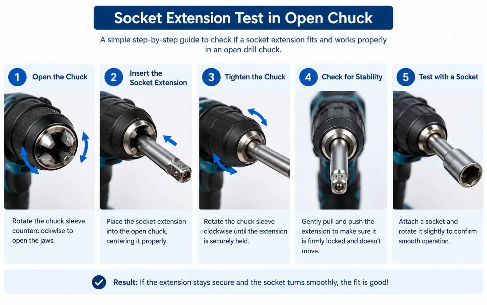 Step-by-step graphic showing how to check a drill chuck size using a socket extension Step-by-step graphic showing how to check a drill chuck size using a socket extension