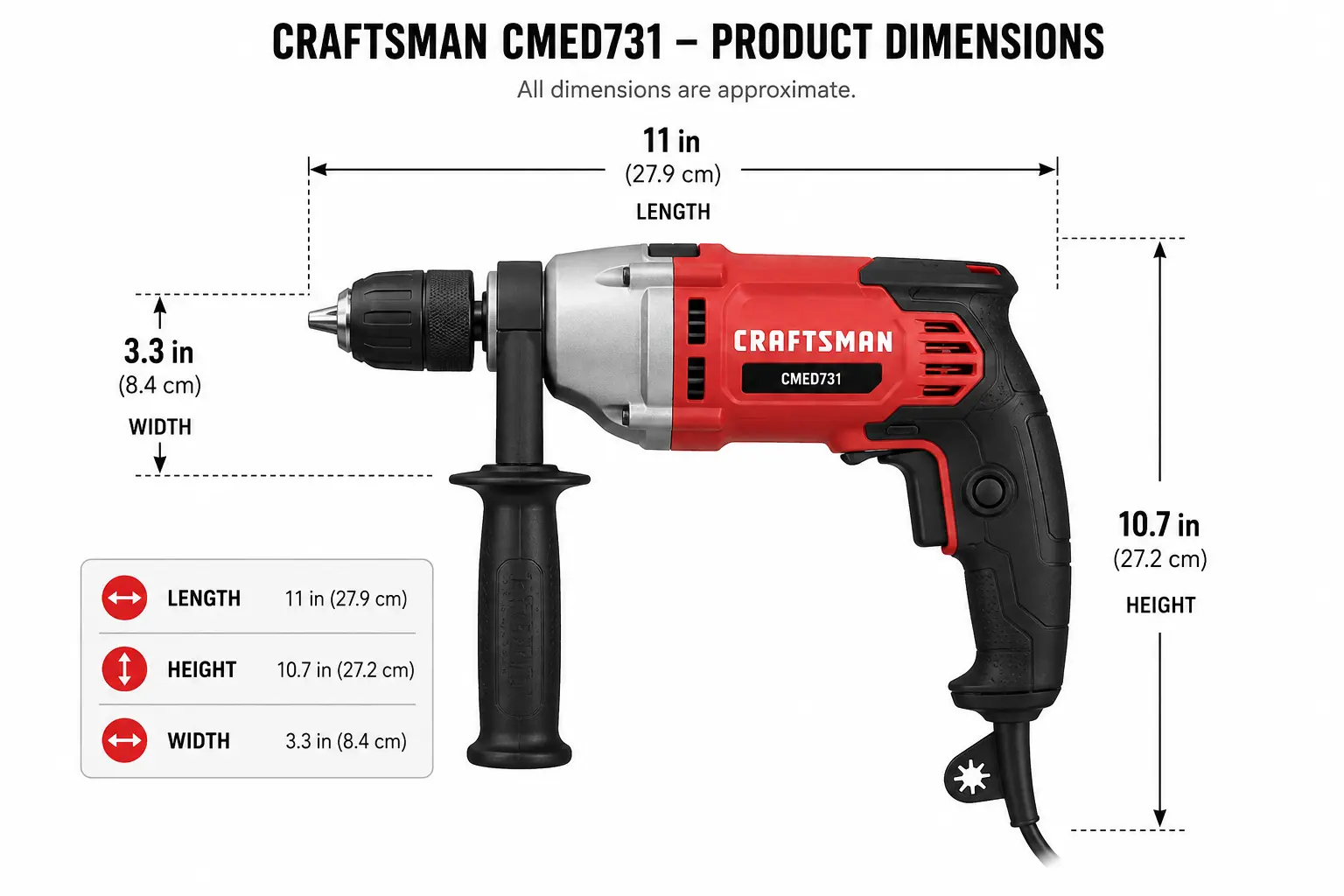 Labeled diagram showing the length, height, and width of the Craftsman drill/driver 3/8-inch 7-amp Labeled diagram showing the length, height, and width of the Craftsman drill/driver 3/8-inch 7-amp